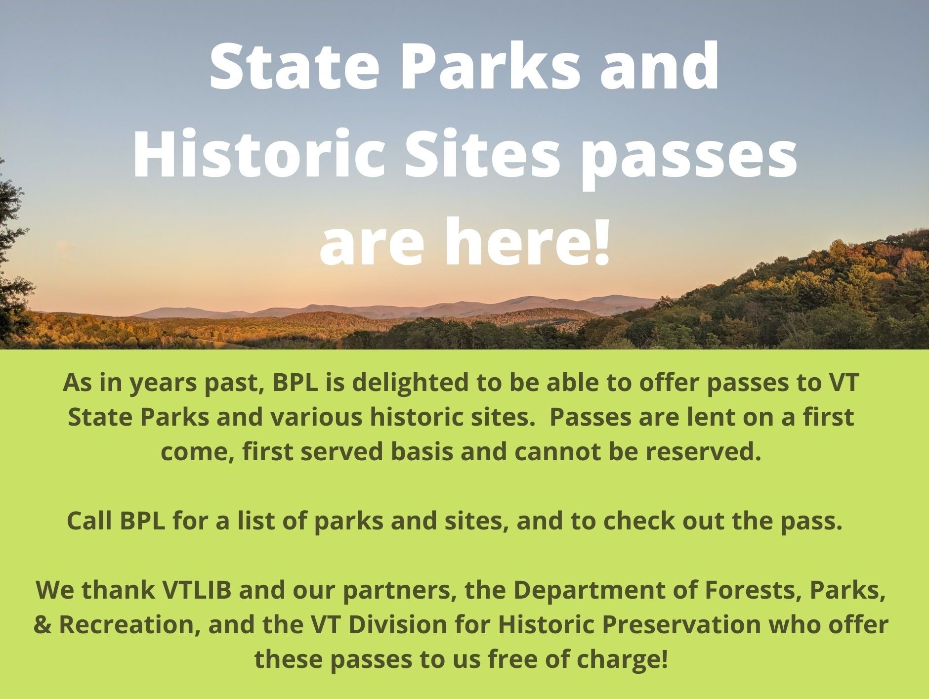 VT State Parks and Historic Sites Passes are here! Bradford Public