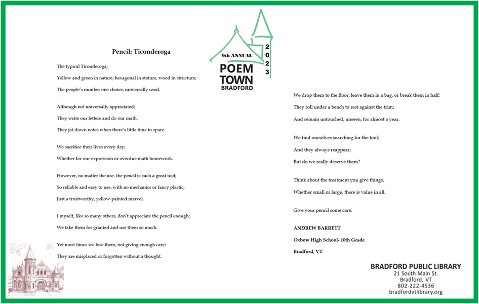 Poem Town 2023 - Bradford Public Library, Vermont
