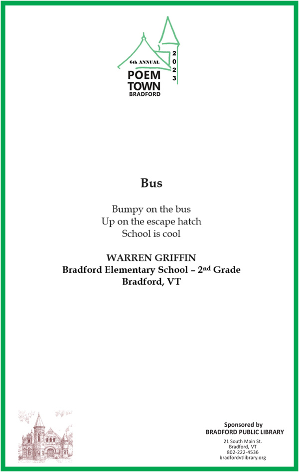 Poem Town 2023 - Bradford Public Library, Vermont